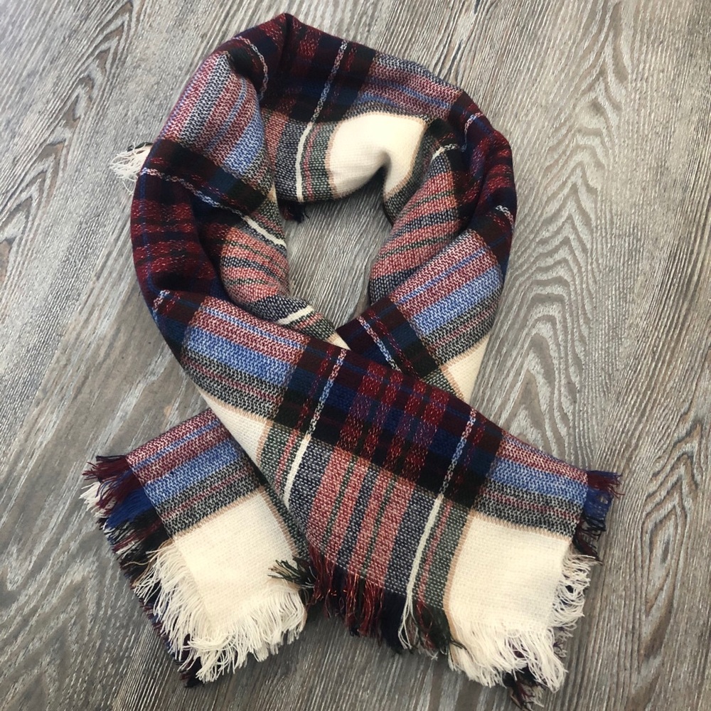 Multi-Color Plaid Fringe Trim Scarf